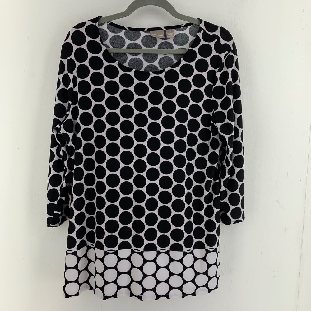 Chicos Polka Dot Tunic Top Black White 3/4 Sleeve Size 2 Large Scoop Neck